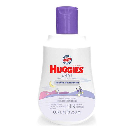 2 en 1 Shampoo más Jabón Líquido para Bebé Huggies Sueños de Lavanda, 250 ml