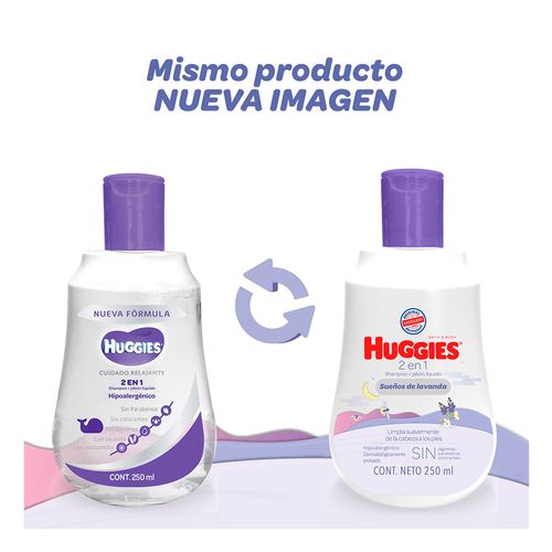 2 en 1 Shampoo más Jabón Líquido para Bebé Huggies Sueños de Lavanda, 250 ml