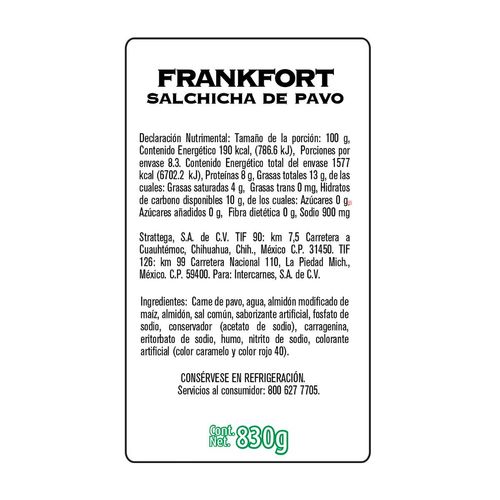 Salchicha de pavo tipo Frankfort Bafar familiar 830 g