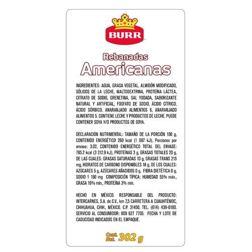 Queso Amarillo tipo Americano Burr 20 Reb 302 g