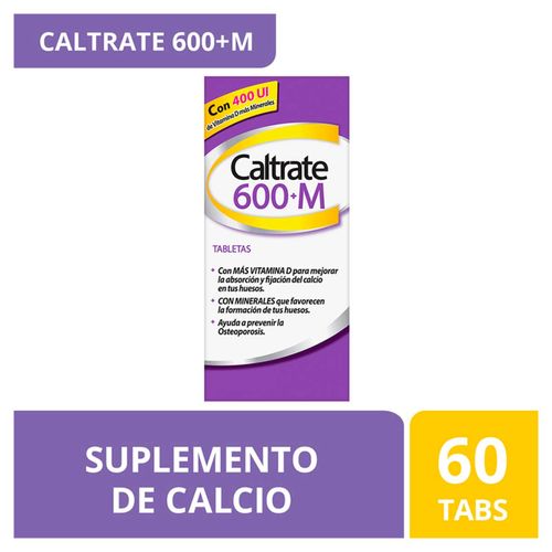 Tabletas Caltrate Suplemento de Calcio 600 +M 600mg / 400 UI Frasco con 60 Tabletas