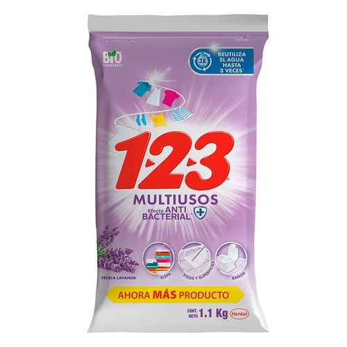 Detergente en Polvo 123 Multiusos Fresca Lavanda 1.1Kg