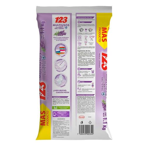 Detergente en Polvo 123 Multiusos Fresca Lavanda 1.1Kg