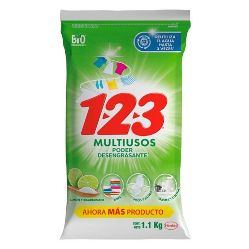 Detergente Multiusos  en Polvo 123  Limón y Bicarbonato 1.1Kg