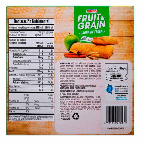 Barra Fruit & Grain Manzana con Canela 6 Pack 222g