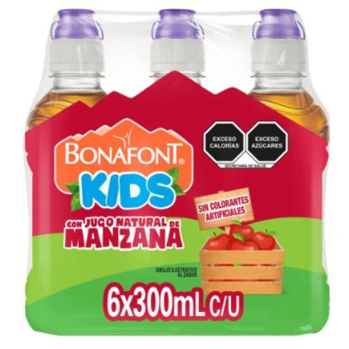 Bonafont Kids Agua Con Jugo Natural de Manzana 6x300mL Chupón