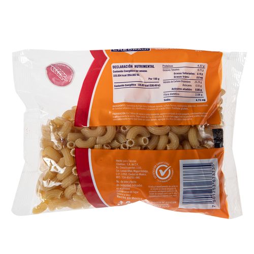 Pasta Chedraui Codo Rayado Semolina de Trigo Duro 180g