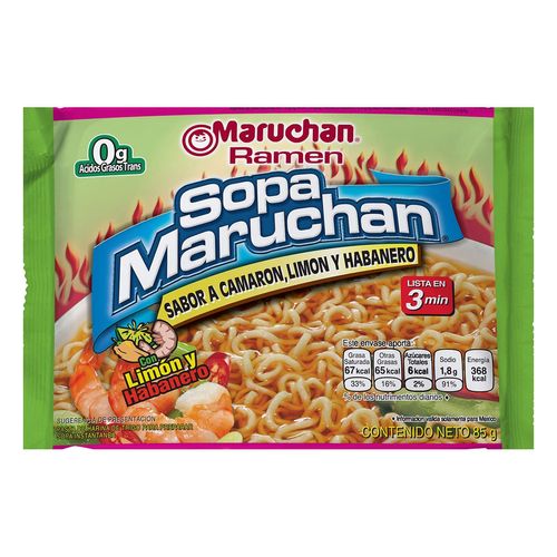 Sopa Maruchan Camarón, Limón y Habanero Ramen 85g