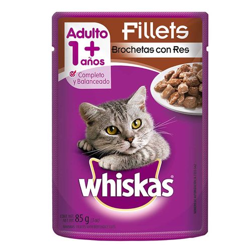 Sobres Whiskas para Gatos Adultos, Sabor Brocheta de Res 85g