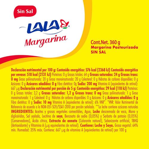 Margarina Lala sin Sal 4 Piezas 90g