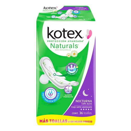 Toallas Femeninas Kotex Naturals Nocturna con Alas 36 Toallas