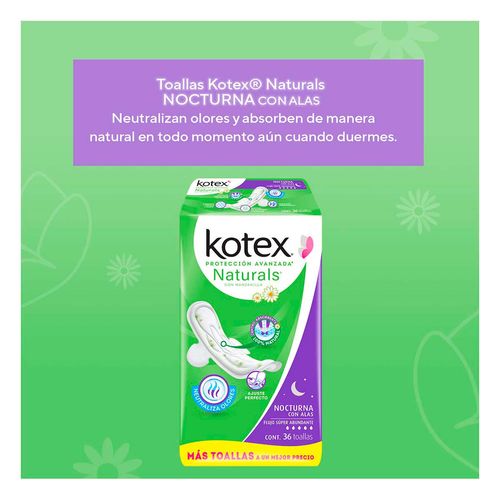 Toallas Femeninas Kotex Naturals Nocturna con Alas 36 Toallas