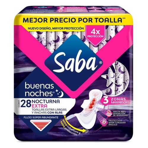Toallas femeninas Saba buenas noches extra con alas 28 Toallas