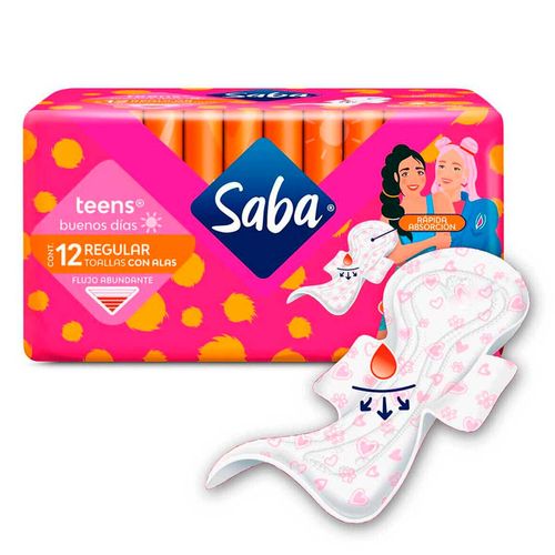 Toallas femeninas Saba Teens regular con alas 12 toallas