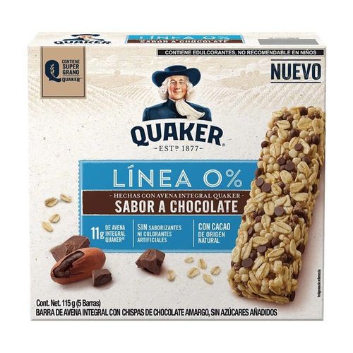 Barras De Avena Quaker Línea 0% Con Chocolate 5 Barras 115g