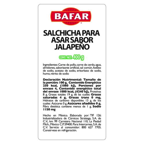 Salchicha Bafar para Asar sabor Jalapeño 400g