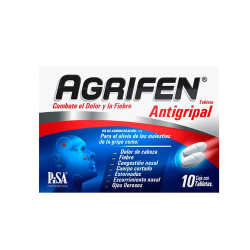 Tabletas Paracetamol 500mg Cafeína 25mg Clorhidrato de Fenilefrina 5mg Agrifen 10 Tabletas
