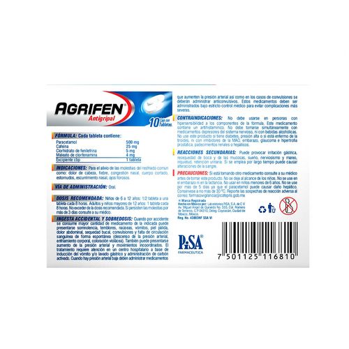 Tabletas Paracetamol 500mg Cafeína 25mg Clorhidrato de Fenilefrina 5mg Agrifen 10 Tabletas