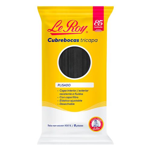 Cubrebocas Le Roy Desechable Color Negro con Diseño 5 Piezas