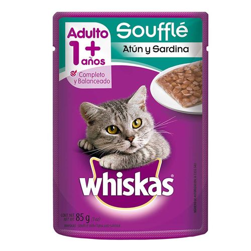 Sobres Whiskas para Gatos Adultos, sabor Soufflé Atún y Sardina 85g
