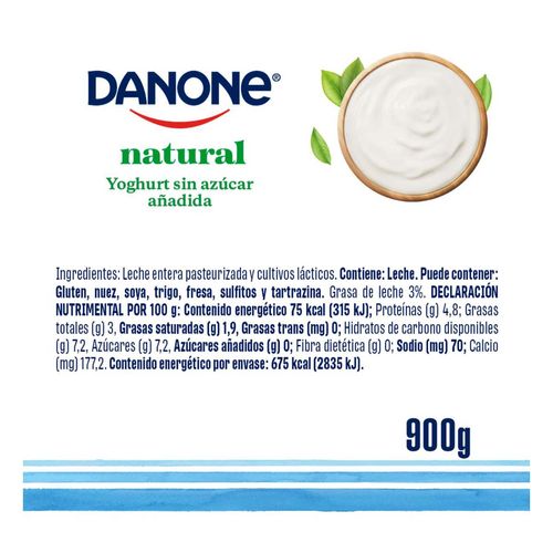 Yoghurt Danone Sabor Natural Sin Azúcar 900g