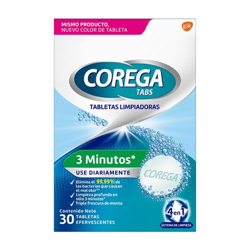 Corega Tabs 3 Minutos Tabletas Limpiadoras Efervescentes 30 Unidades