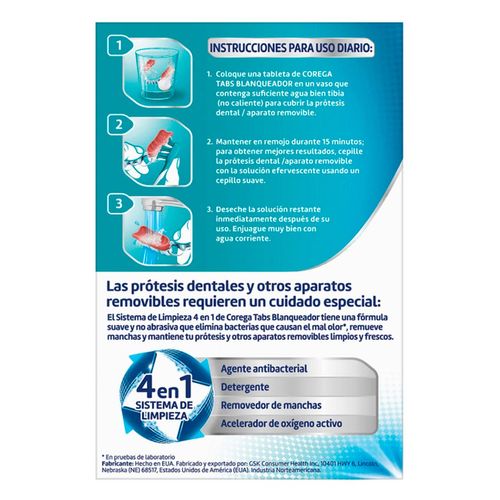 Corega Tabs Blanqueador Tabletas Limpiadoras Efervescentes 30 Unidades