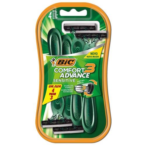 Rastrillo Bic Comfort 3 Advance Sensitive 3 Hojas de Acero Inoxidable 4 Piezas