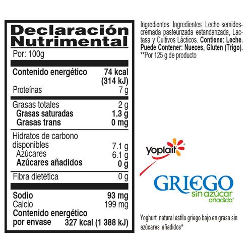 Yoghurt Yoplait Griego Sin Azúcar Natural Batido 442g