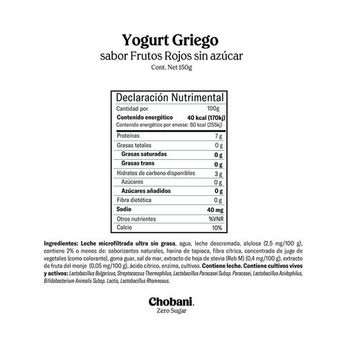 Yoghurt Chobani Batido Zero Sugar Frutos Rojos 150g