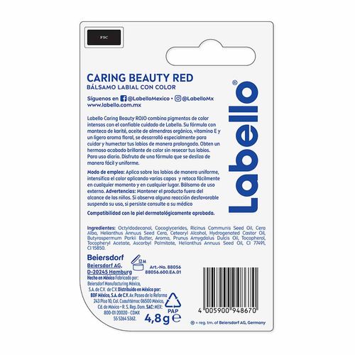 Bálsamo Labial LABELLO Caring Beauty Red Color Intenso y Cuidado Duradero 4.8 g