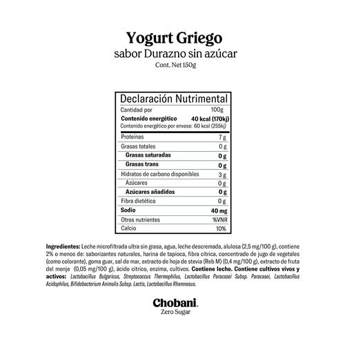 Yogurth Chobani Batido Zero Sugar Durazno 150g