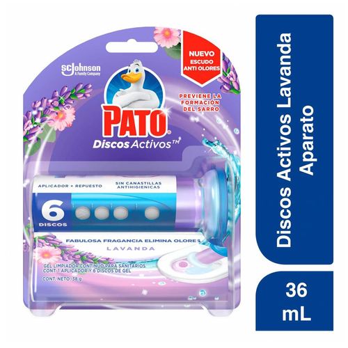 Discos Activos Gel Limpiador Continuo para Sanitarios Pato Lavanda Aplicador y 6 Discos de Gel con 36ml
