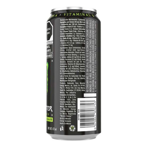 Bebida Energizante Monster Verde Zero Azúcar 473ml