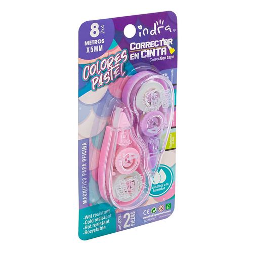 Corrector en Cinta Indra 2 Piezas Colores Pastel 4m por 5mm
