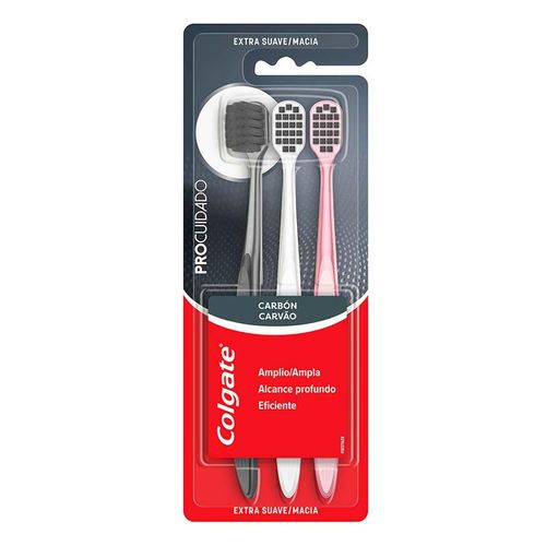 Cepillo Dental Colgate Pro Cuidado Carbón Activado Cerdas Suaves 3 Pzs