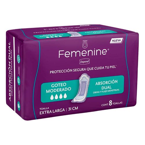 Toalla Extra Larga Depend Femenine Dual Larga Moderado 8 Piezas