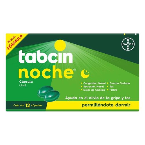 Tabcin Noche Rápido Alivio de Gripe y Tos Permite Descansar 12 Cápsulas