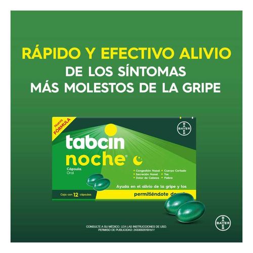 Tabcin Noche Rápido Alivio de Gripe y Tos Permite Descansar 12 Cápsulas