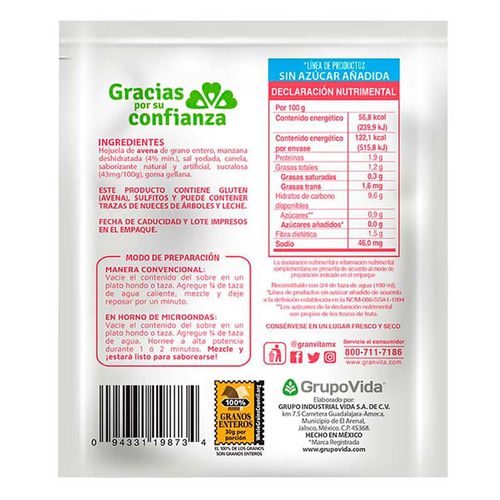 Avena Instantánea Granvita 0% azúcar Manzana 35g