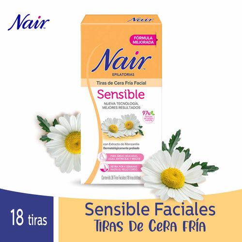 Tiras Epilatorias Faciales Nair Cera Fría con Manzanilla Piel Sensible 18 Tiras