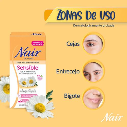 Tiras Epilatorias Faciales Nair Cera Fría con Manzanilla Piel Sensible 18 Tiras