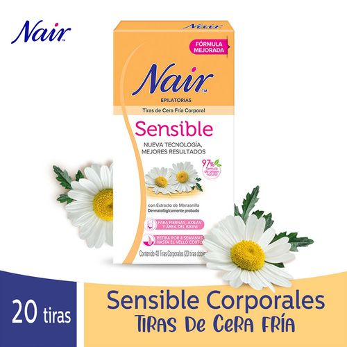 Tiras Epilatorias Corporales Nair Cera Fría con Manzanilla Piel Sensible 20 Tiras