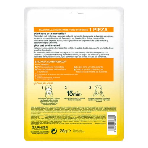 Mascarilla Facial en Tela Garnier Skin Active Express Aclara 28g