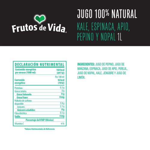 Jugo de Kale, Espinaca, Apio, Pepino y Nopal Frutos de Vida 1L