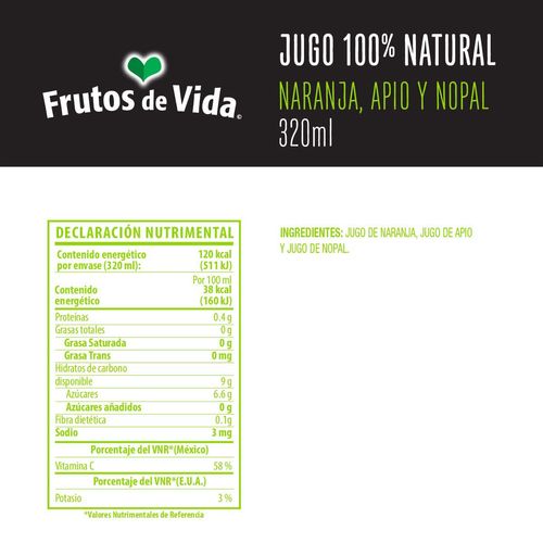 Jugo de Naranja, Apio y Nopal Frutos de Vida 320ml