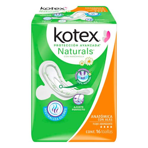 Toallas Femeninas Kotex Naturals Anatómica con Alas 16 Toallas
