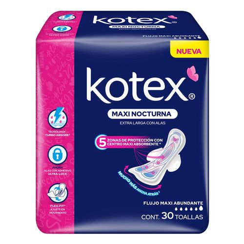 Toallas Femeninas Kotex Maxi Nocturna extra largas con Alas 30 Toallas