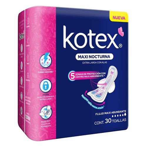 Toallas Femeninas Kotex Maxi Nocturna extra largas con Alas 30 Toallas