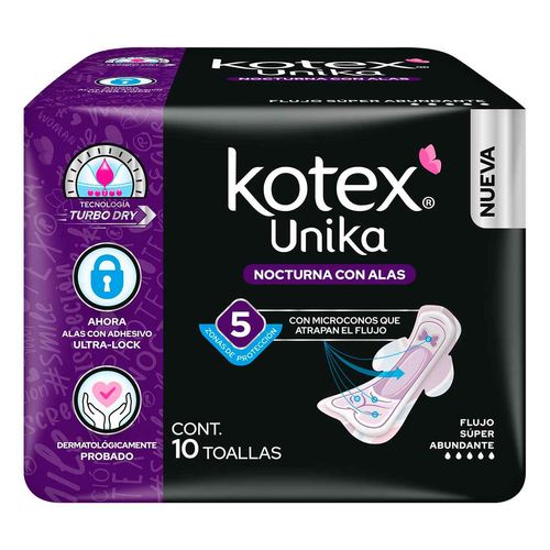 Toallas Femeninas Kotex Unika Nocturna con Alas 10 Toallas